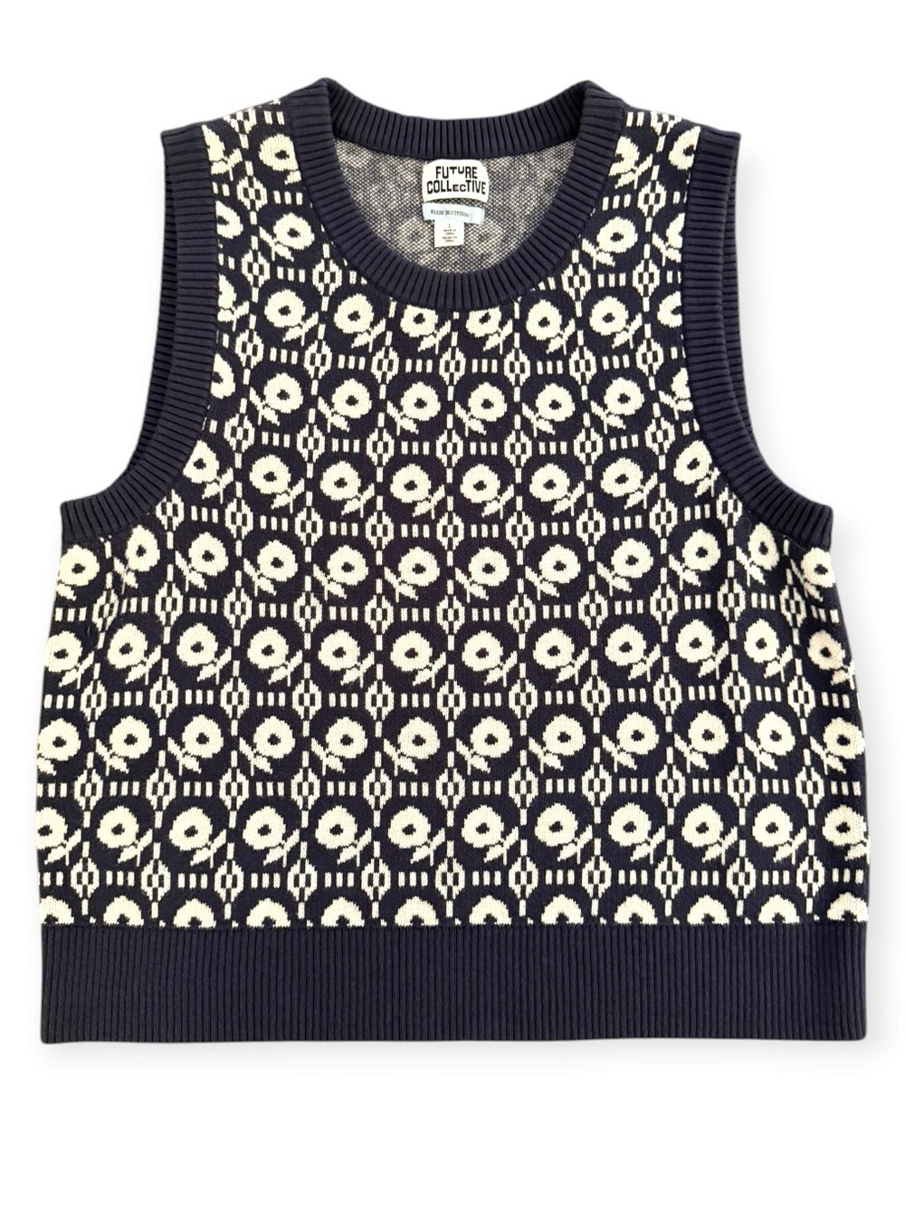 Future Collective by Reese Blutstein Navy Floral Pattern Sweater Vest, Large
